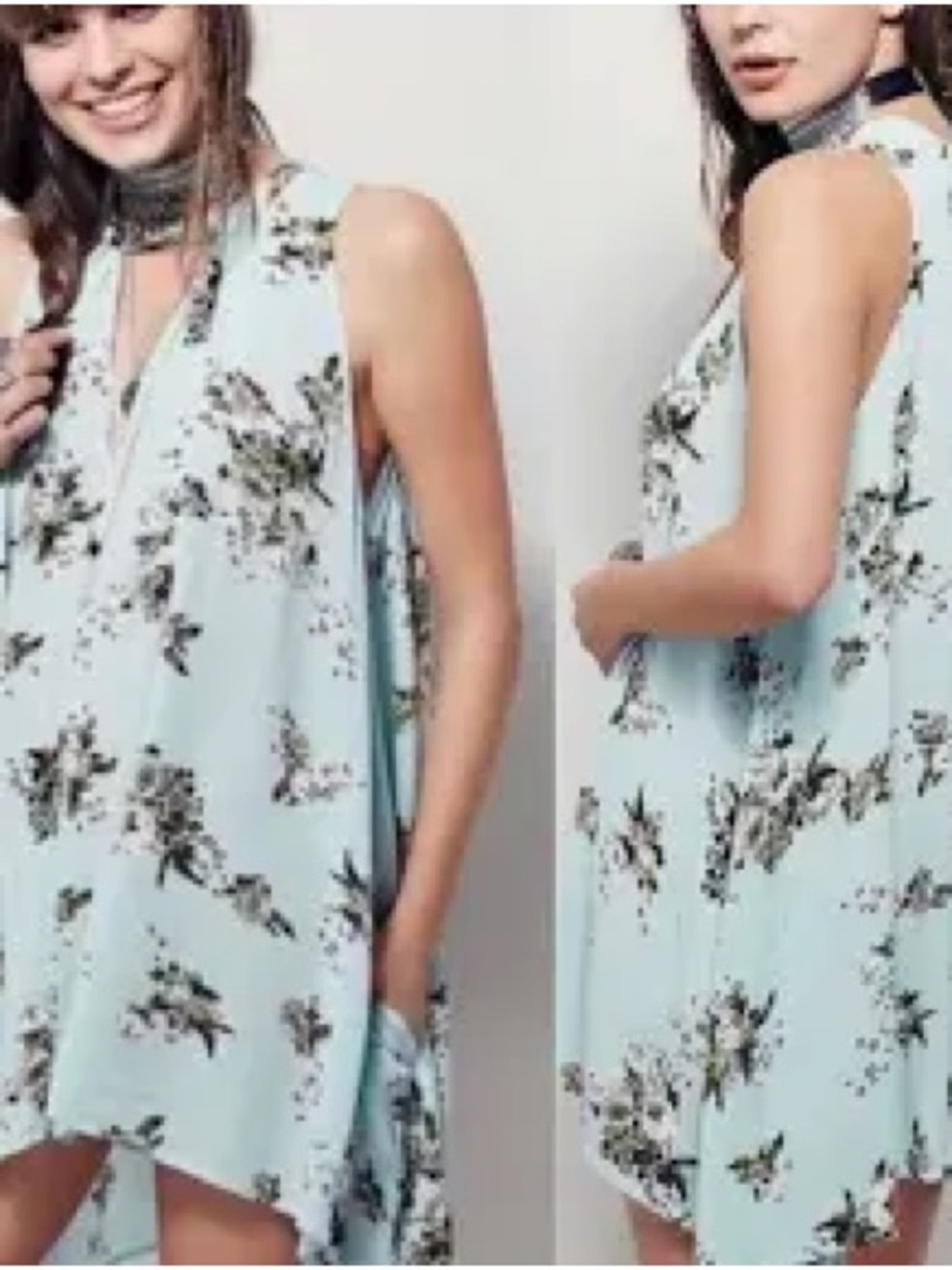 Free People Tree Swing Tunic Dress Mint Green Floral W/pockets